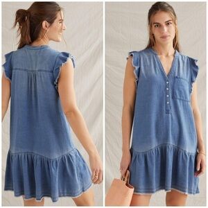Anthropologie Pilcro Flounced Tunic Dress Chambray Denim Cotton Blue Sz L